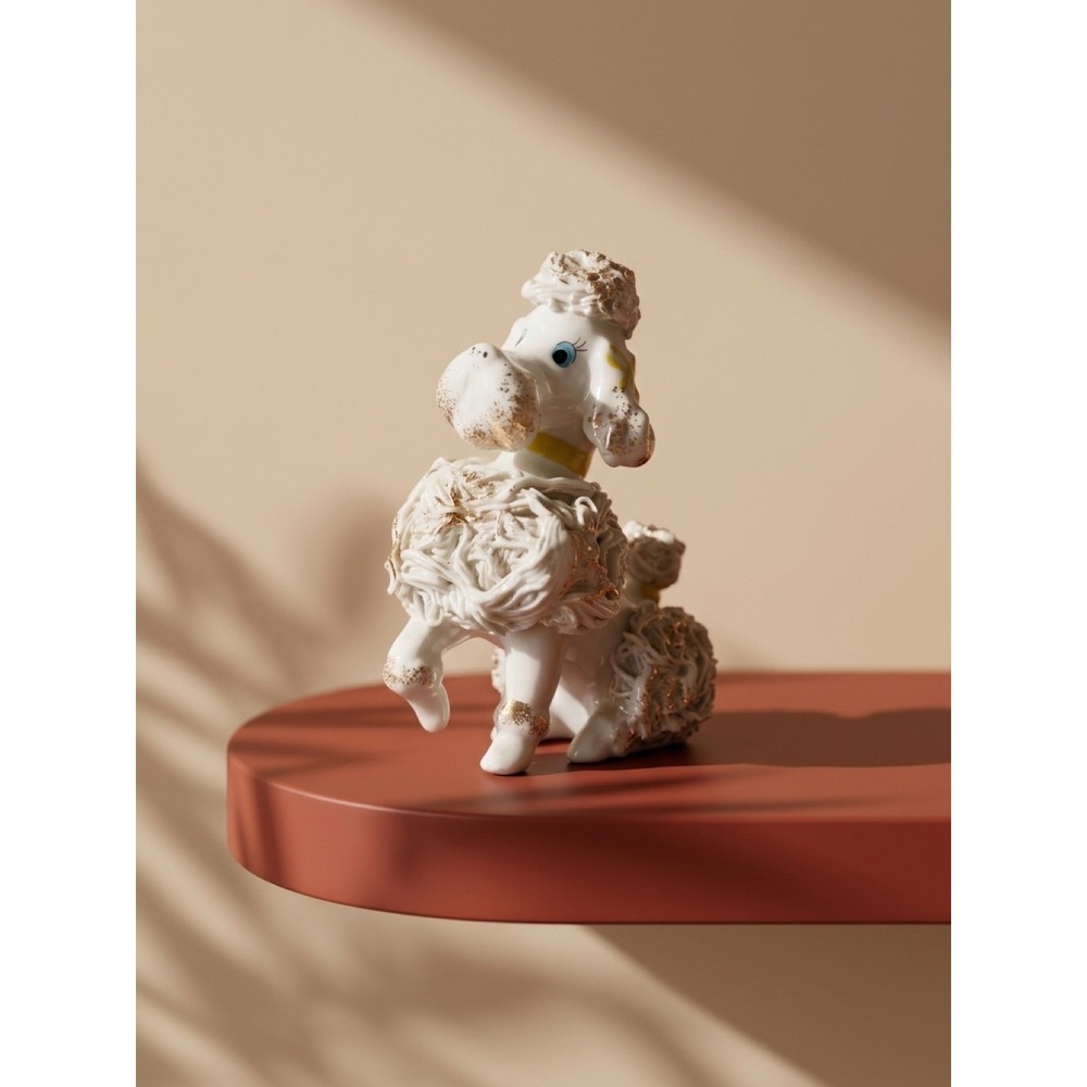 Vintage Lefton Spaghetti Poodle Figurine White Gold Gilt Japan 790